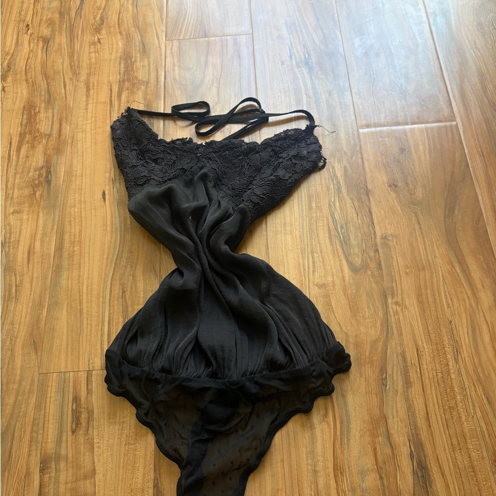 Free People Black Lace-Trim Slip Bodysuit